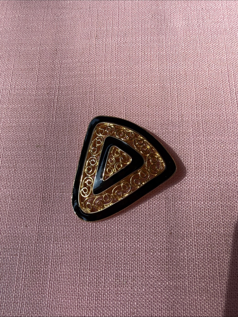 Vintage Black Enamel & Gold Tone Filigree Triangle Brooch